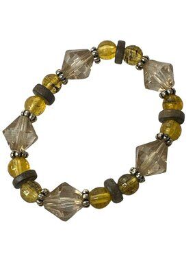 Stretch Bracelet Faceted Beads Clear Yellow Boho Silver Tone Spacers Artsy